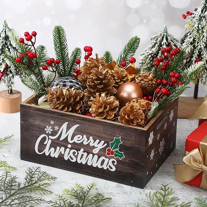 Namalu Christmas Hot Cocoa Bar Storage Box Wooden Crate with Handles Hot Cocoa Decorative Rustic Farmhouse Wood Basket Christmas Wood Storage Bins Organizer Bucket for Xmas Candy Dish Home (Wood)