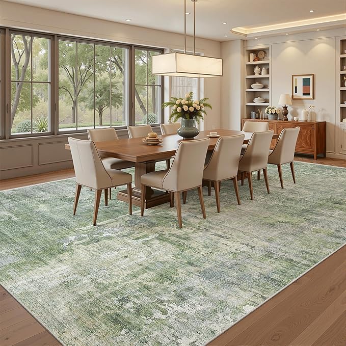 Soalmost Washable Area Rug 8x12, Large Soft Rugs for Living Room Vintage Green/Ivory Carpet 8x12 Area Rugs for Bedroom Dining Room Non-Slip Stain Resistant Under Table Rug