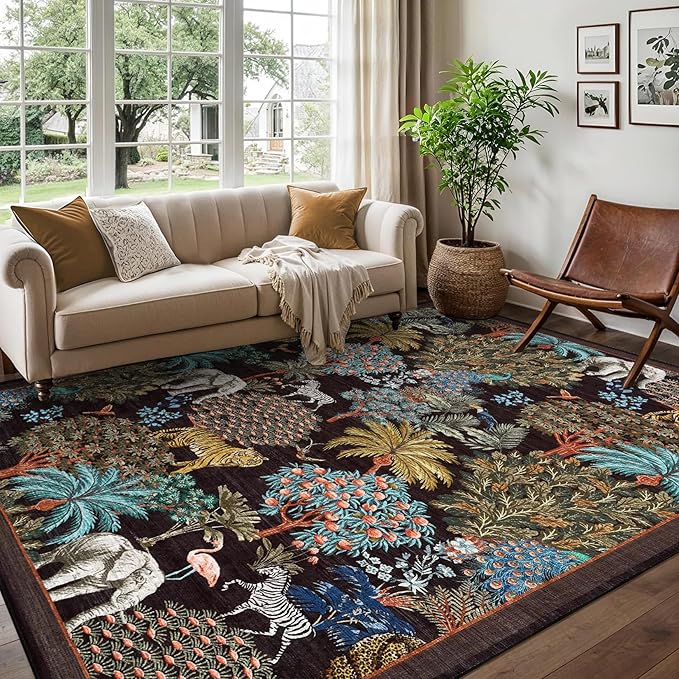 GarveeHome Jungle Animal Print Rug 6x9 Washable Area Rugs for Living Room, Forest Rug Non Slip Low Pile Stain Resistance Large Throw Carpet for Bedroom Dining Room Kids Playroom Nursery, Black