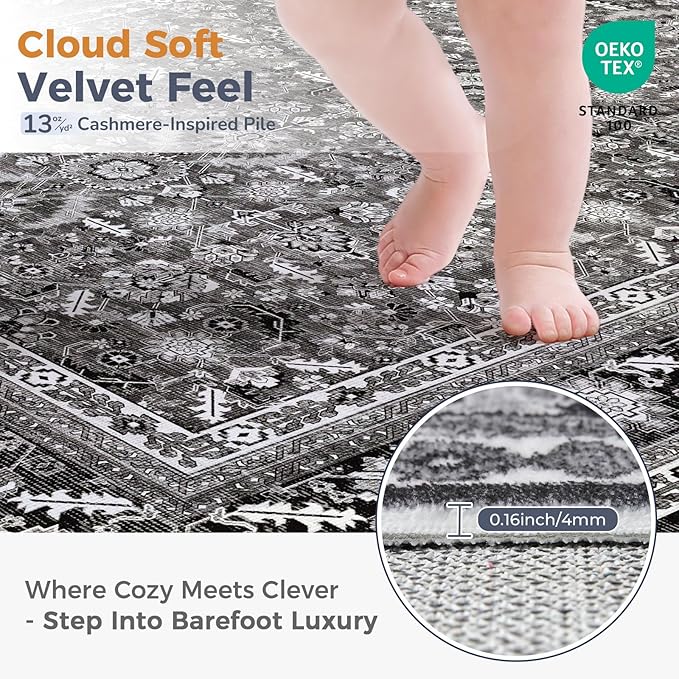 OPPODREAM Vintage Black 3x6 Runner Rug, 3 x 6 Retro Washable Rug Non Slip, Low-Pile Faux Wool Carpet, Distressed Floor Mat for Kitchen, Hallway, Entry-Way, Entrance, Indoor Back Door