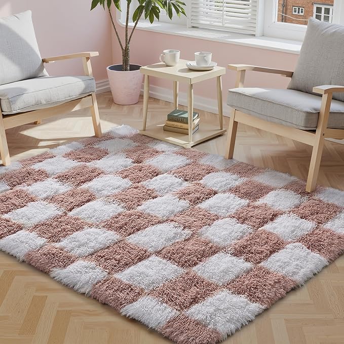 PureCozy Checkered Rug 3x5 for Playroom, Pink and White Shag Rugs Super Soft Washable Fluffy Carpet Indoor Fuzzy for Bedroom Home Dorm Aesthetic Decor