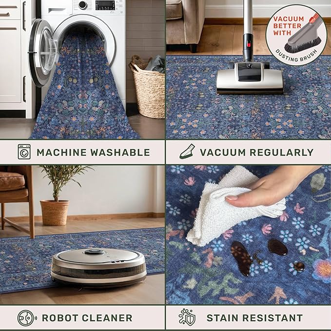 Dark Blue 3x10 Extra Long Wide Runner Rug for Hallway, Non Slip Washable, 10 ft Large Kitchen Indoor Floor Rugs for Entryway, Stain Resistant Vintage Floral Carpet