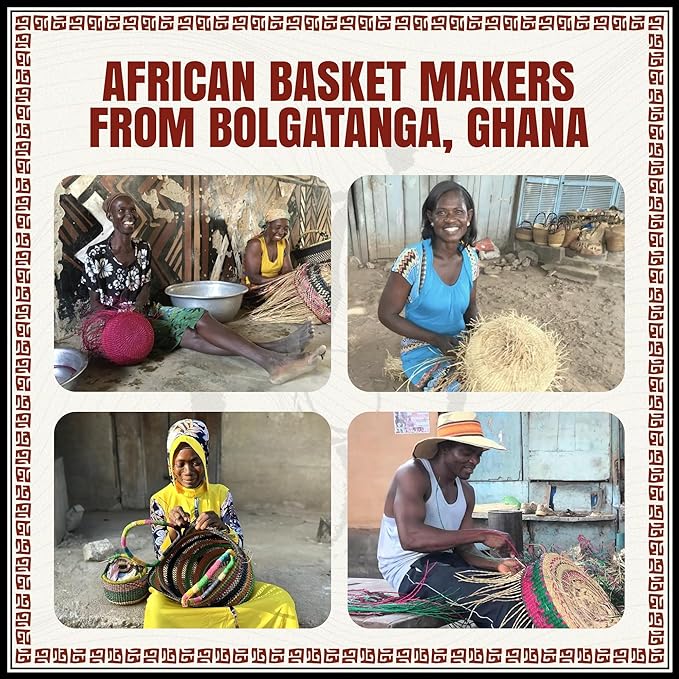 Africa Heartwood Project Deluxe Colorful African Basket with Leather Handles - Handmade from dried Elephant Grass, Hand-Woven by Women in Bolgatanga, Ghana - Large 16" Round Flat-packed