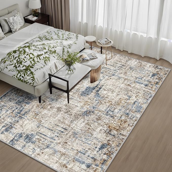 8x8 Square Area Rug Living Room – Non-Slip Washable Large Floor Carpet for Bedroom Dining Room Playroom Room – Modern Abstract Neutral Thin Low-Pile Big Indoor Rug (Blue Brown)