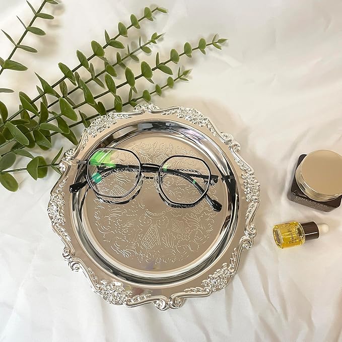 Round Tray Decorative Perfume and Makeup Organizer, Vintage Sliver Trays 7.87”, Stainless Steel Metal Tray for Dresser, Bathroom or Jewelry Display Home Decor