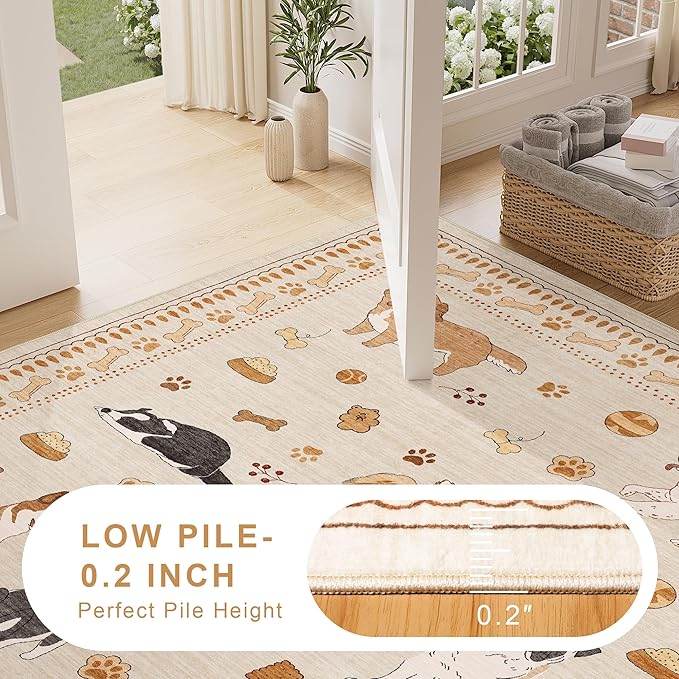 DUKINO 4x6 Area Rug, Non Slip Washable Rug for Living Room with Low Pile Design, Lightweight & Non Shedding Animal Dog Print Indoor Carpet for Bedroom, Dining Room, Kids Room, Office, Beige Yellow
