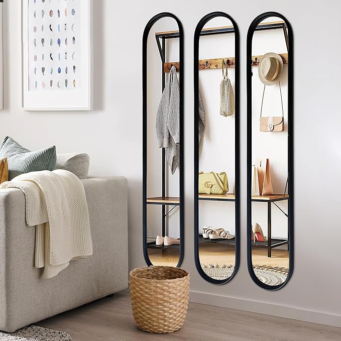 OUSHUAI Black Full Length Oval Mirror, 3-Pack Narrow Capsule Long Mirrors with Metal Frame for Dressing, Hallway, Living Room, Entryway Wall Decor