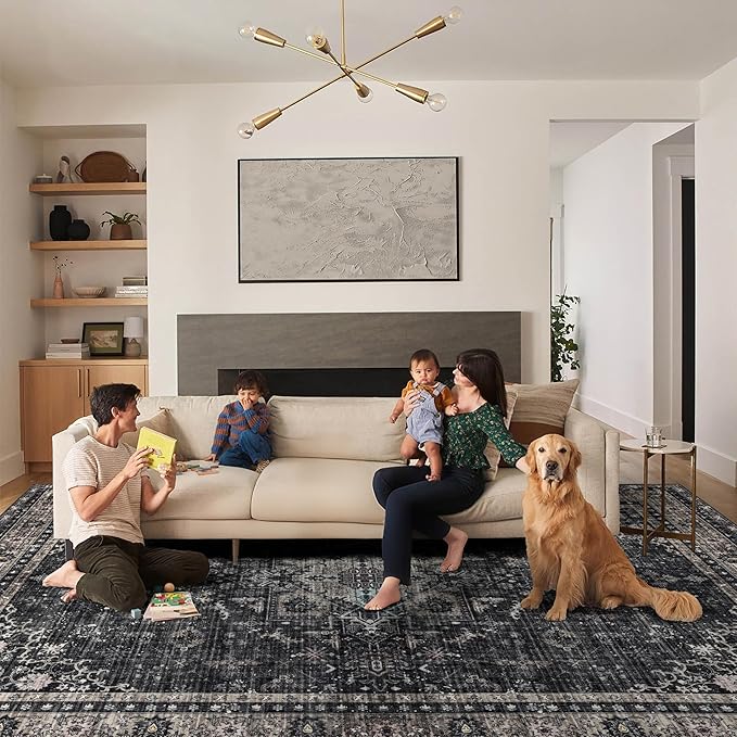 Ruaruarug Area Rug for Bedroom Living Room, Washable Non-Slip Foldable Waterproof, Soft for Office Dining Room Kids, Fluffy Easy to Clean, Decor Aesthetic Black Gray, 8'×10'
