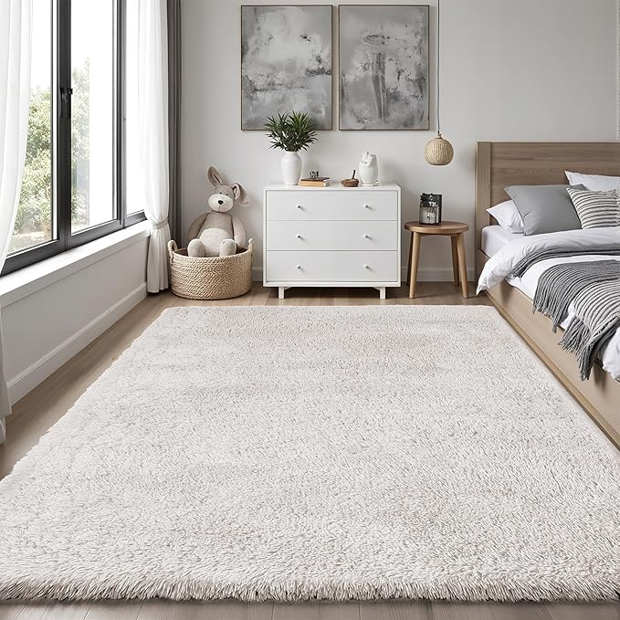 Area Rug for Living Room Bedroom: 5x7 White Soft Fluffy Shag Upgrade Non-Slip High Pile Carpet Large Fuzzy Plush Indoor Floor Decor Shaggy Rug for Kid Boys Girls Dorms Playroom Nursery Modern Home
