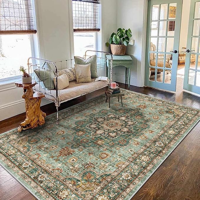 TOPRUUG Washable Oriental Area Rug - 5x8 Rugs for Living Room Soft Carpet for Bedroom Waterproof Floral Distressed Indoor Stain Resistant Non-Shedding Floor Carpets (Green, 5x8)