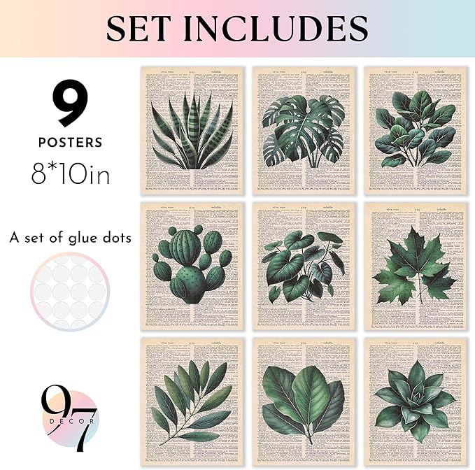 97 Decor Vintage Botanical Wall Art - Plant Posters For Room Aesthetic, Green Plant Pictures Wall Decor, Nature Prints Tropical Leaves Artwork For Home Bedroom Office Decorations (8x10 Unframed)