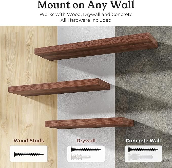 Floating Shelves for Wall, 9.3" Deep Wall Mounted Wood Shelves for Bathroom, Bedroom, Living Room, Kitchen, Hanging Shelf for Books/Storage/Room Decor (Walnut, 30")