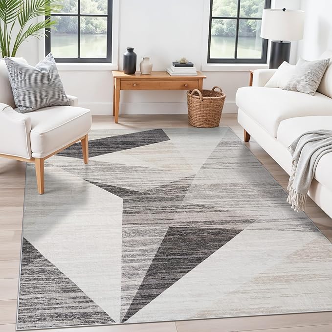TOPRUUG Area Rug 5x6 Washable: Geometric Non-Slip Low Pile Rugs for Living Room Large Kitchen Bedroom Office - Ultra Soft Modern Aesthetic Home Decor (Grey Cream Beige, 5X6)