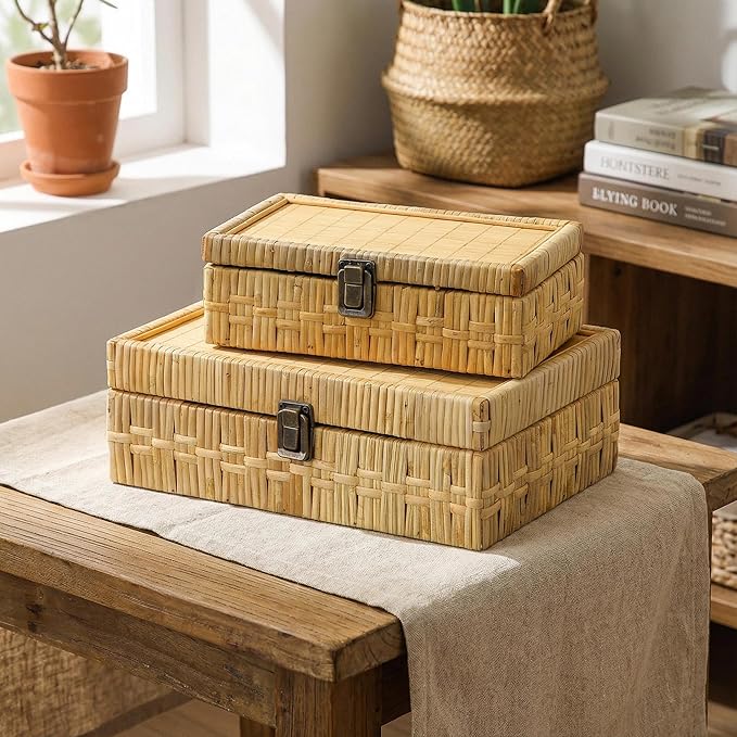SOFE Rectangular Rattan Box with Lid Set of 2 - Boho Decorative Basket for Shelf Bathroom Storage - Woven Bins Organizer for Jewelry, Snacks, Toys, Keys