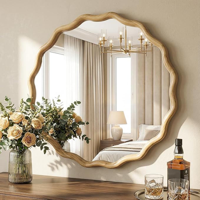 TRAHOME Round Wood Mirrors for Wall, 28" Boho Circle Wavy Mirror with Wooden Frame, Decorative Mirror with Tempered Glass, Natural Wooden Frame Vanity Mirror for Bedroom, Living Room, Entryway