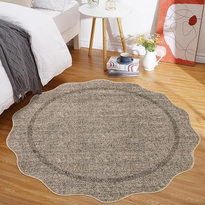 GarveeHome Scalloped Round Rugs 6Ft Washable Area Rug for Playroom, Kids Non-Slip Neutral Classic Circle Rug Modern Large Carpet Soft Boys Rug for Classroom Dorm Bedroom, Taupe