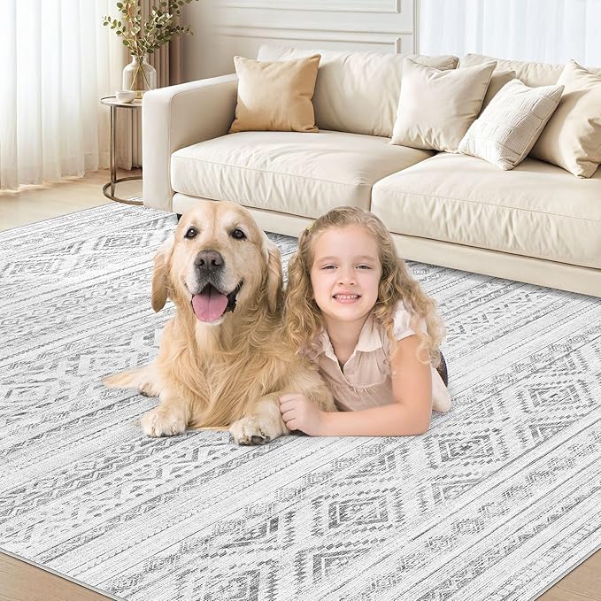 cotiled 10x12 Area Rug Living Room: Washable Boho Rugs with Non Slip Backing Large Soft Indoor Stain Resistant Carpet for Bedroom Farmhouse Dining Room Lightweight Home Decor Light Grey