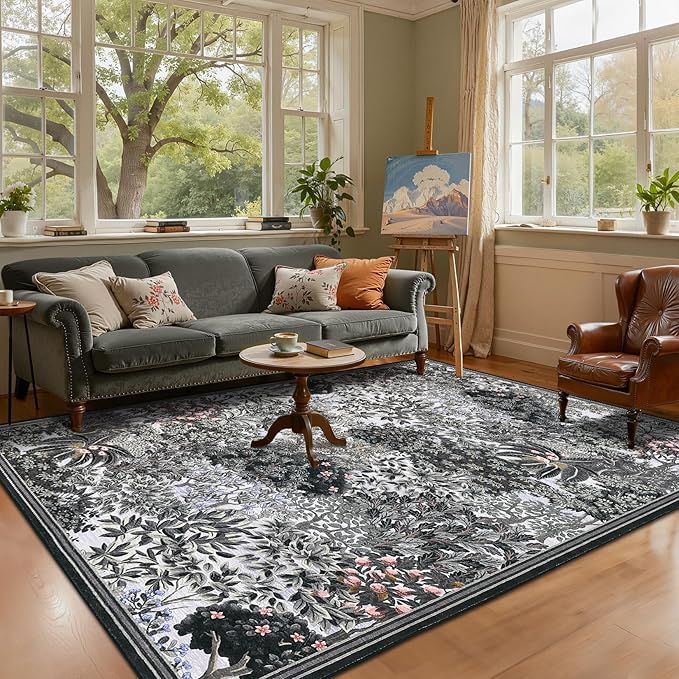 GarveeHome Forest Rugs 8x10, Blue Grey Washable Area Rugs for Living Room 8x10, Botanical Low Pile Non Slip Stain Resistance Woodland Rug for Farmhouse Bedroom Dining Room