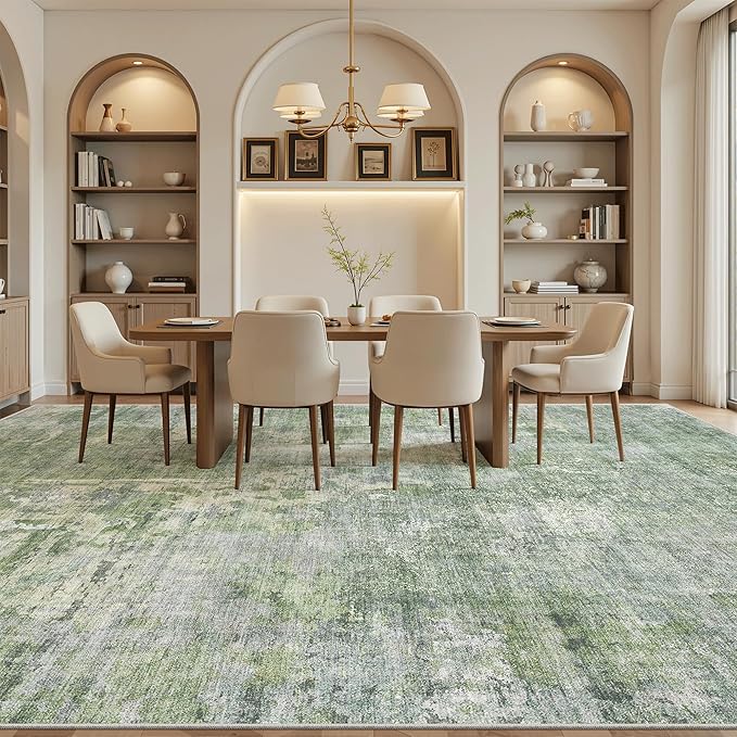 Soalmost 10x14 Area Rugs for Living Room, Non Slip Machine Washable Vintage Rugs, Low Pile Lightweight Large Rug for Bedroom, Dining Room, Home Office Green/Ivory
