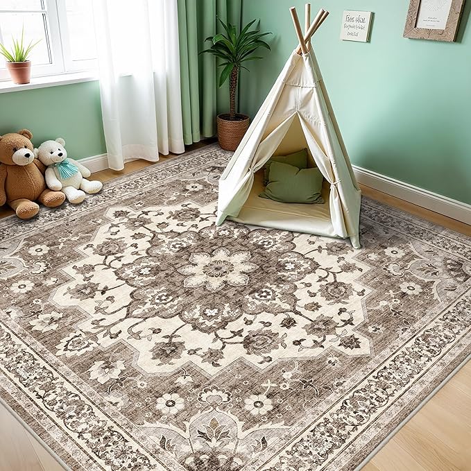 TOPRUUG Washable 6x6 Rug Square - Ultra Soft Living Room Area Rug Under Sofa Non-Slip Rugs for Bedroom Dining Room - Stain Resistant Farmhouse Decor for Family with Pets & Kids (Beige, 6x6)