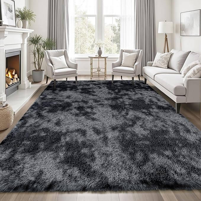 Area Rug for Living Room Bedroom: 9x12 Black Grey Soft Fluffy Shag Upgrade Non-Slip High Pile Carpet Large Fuzzy Plush Indoor Floor Decor Shaggy Rug for Kid Boys Girls Playroom Nursery Modern Home
