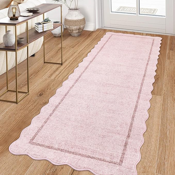 GarveeHome Scalloped Washable Runner Rug 2x8 Runner Modern Non Slip Kitchen Runner Distressed Low Pile Entryway Rug Soft Bathroom Rugs Stain Resistant Carpet for Bedroom Hallway Laundry 2'x8' Pink