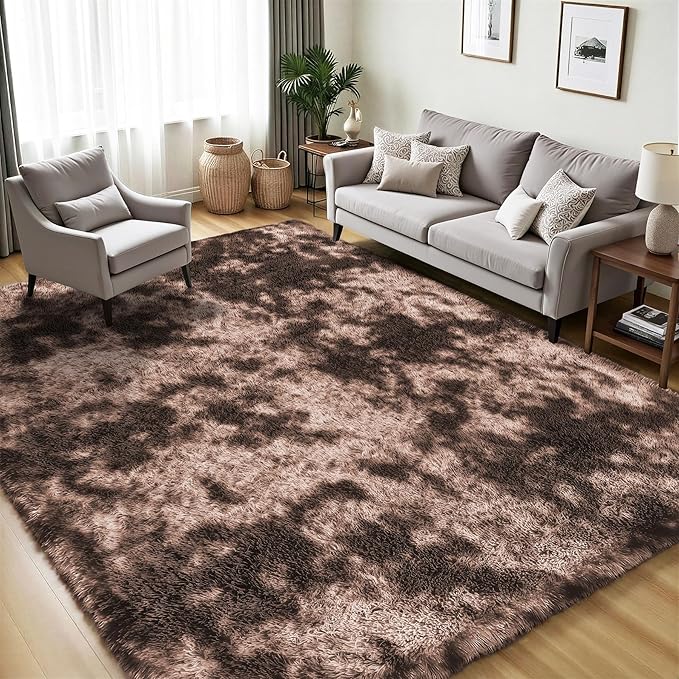 Area Rug for Living Room Bedroom: 5x7 Soft Fluffy Shag Upgrade Non-Slip High Pile Carpet Large Fuzzy Plush Indoor Floor Decor Shaggy Coffe Tie-Dyed Rug for Kid Boys Girls Playroom Nursery Modern Home