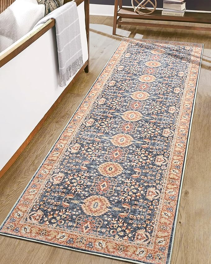 Goideal Washable Runner Rug 2x6, Vintage Rugs Non Slip, Indoor Low Pile Carpet with Rubber Backing for Kitchen Bathroom Entryway Office Bedroom,Navy Blue & Orange