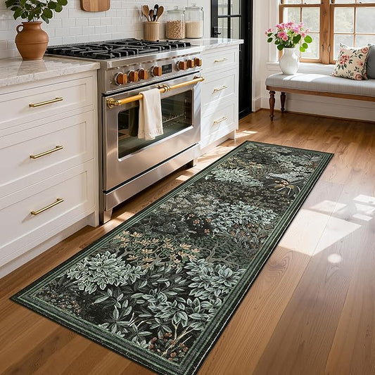 GarveeHome Forest Runner Rug, Black Green Washable Runner Rug 2x6 for Kitchen, Botanical Low Pile Non Slip Stain Resistance Woodland Hallway Rug for Entryway Bedroom Laundry Room
