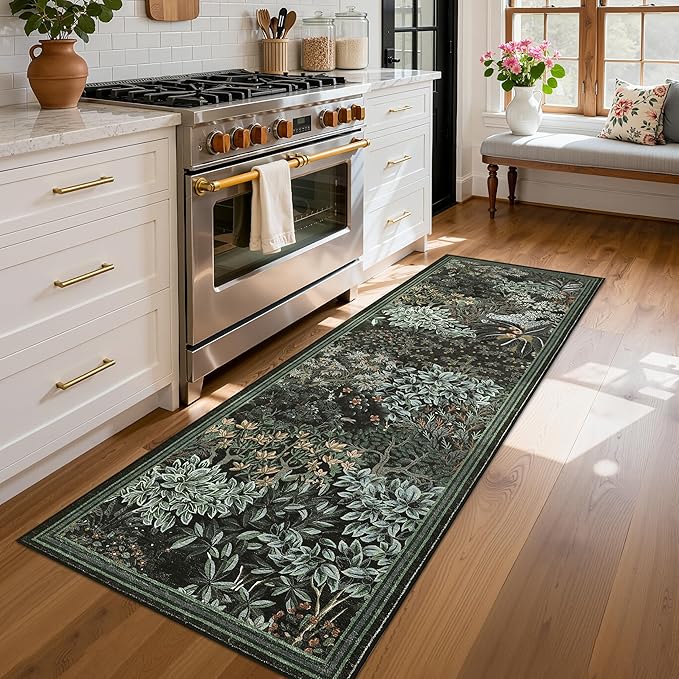 GarveeHome Forest Runner Rug 2.5x10, Black Green Washable Runner Rug for Kitchen, Botanical Low Pile Non Slip Stain Resistance Woodland Hallway Rug for Entryway Bedroom Laundry Room