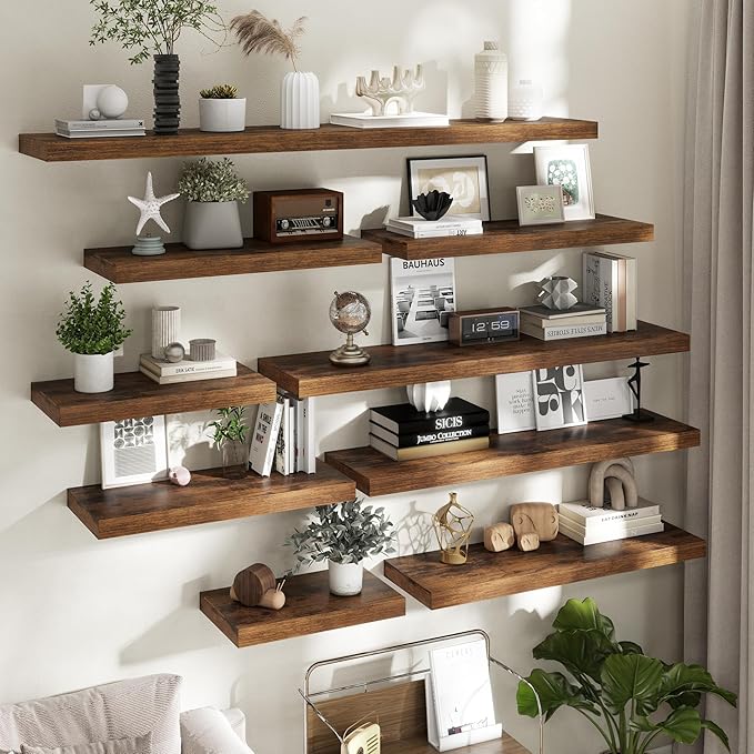 Fun Memories 12 Inch Deep Floating Shelves, 40 x 12 Floating Shelves for Wall Set of 2, Extra Deeper Hanging Wood Wall Shelves for Bedroom, Living Room, Kitchen, Rustin Brown