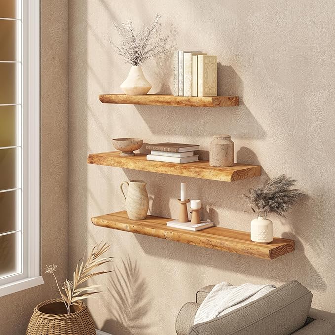 Floating Shelves Set of 2, Solid Elm Wood Wall Shelves 32 Inch - Invisible Bracket Mount for Living Room, Bedroom, Kitchen, Bathroom - Natural