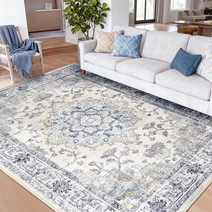 CAPALOCA Machine Washable Rugs Nursery Rug 9x12 Area Rugs Girl Non Slip Low Pile Water Repellent Soft Print Pattern for Bedroom Indoor Decor Kids Playroom Bluewhite