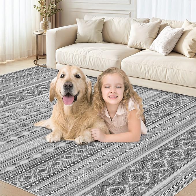 cotiled 6x9 Area Rug Living Room: Washable Boho Rugs with Non Slip Backing Large Soft Indoor Stain Resistant Carpet for Bedroom Farmhouse Dining Room Lightweight Home Decor Beige Grey