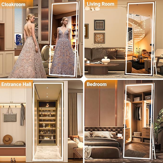 71" x 24" Full Length Mirror with Lights, LED Lighted Floor Standing Body Mirror, Dimmable & 3 Color Lighting for Bedroom, Cloakroom, Dressing Room, Tempered Glass, Black Frame