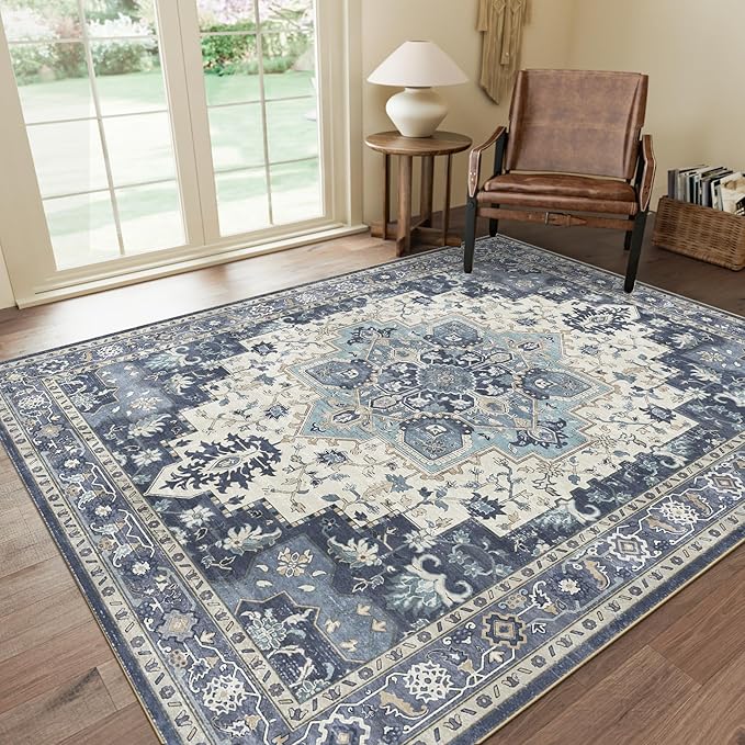 GENIMO 3x5 Area Rugs for Living Room, Machine Washable Non Slip Vintage Rugs, Low Pile Lightweight Chenille Print Rug for Bedroom, Dining Room, Home Office, Center Blue