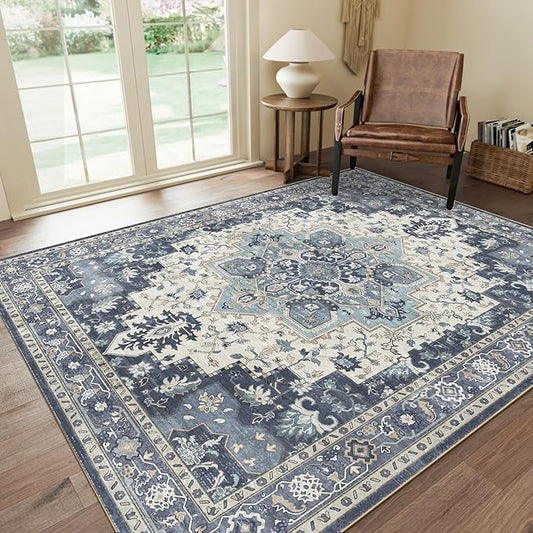 GENIMO 3x5 Area Rugs for Living Room, Machine Washable Non Slip Vintage Rugs, Low Pile Lightweight Chenille Print Rug for Bedroom, Dining Room, Home Office, Center Blue