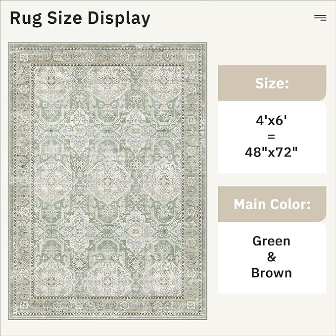 Soalmost 4x6 Area Rugs for Living Room, Vintage Washable Rugs for Dining Room, Bedroom, Home Office Decor, Non-Slip Green/Brown Carpet Thin Rug