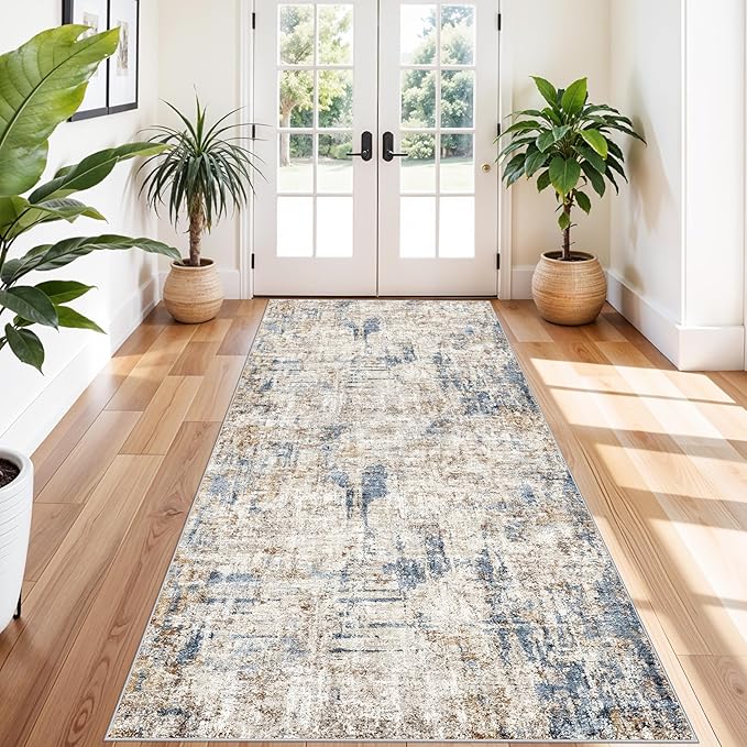 4x8 Washable Area Rug – Non-Slip Rubber Backed Indoor Rug for Entryway, Kitchen, Hallway | Modern Abstract Neutral Low Pile Thin Floor Mat for Bedroom, Living Room, Office(Blue Brown)