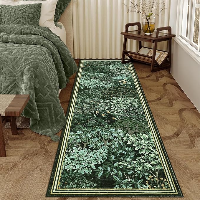 GarveeHome Forest Runner Rug, Green Washable Runner Rug 2x6 for Kitchen, Botanical Low Pile Non Slip Stain Resistance Woodland Hallway Rug for Entryway Bedroom Laundry Room