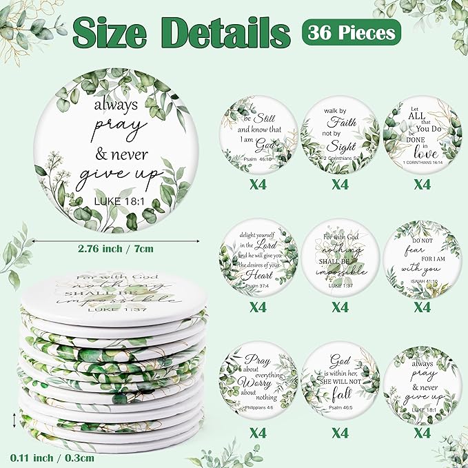 Y1tvei Leaves Bible Compact Mirrors - 36Pcs Green White Leaf Christian Gifts Bulk Bible Verse Mini Compact Mirrors Inspirational Portable Round Pocket Makeup Mirror for Women Friends Purse Church
