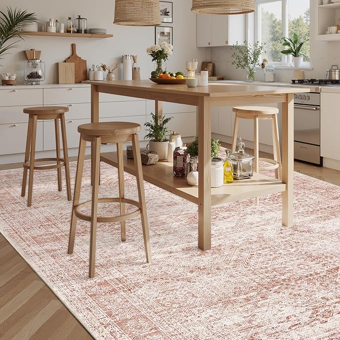 Soalmost Washable Area Rug 8x10, Large Soft Rugs for Living Room Vintage Area Rugs for Bedroom Dining Room Non-Slip Stain Resistant Pink Under Table Rug