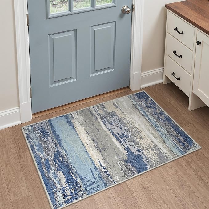 GENIMO 2X3 Washable Modern Doormat, Non-Slip Low Pile Chenille Area Rug, Small Entry Mat for Entrance Hallway Kitchen Bathroom, Indigo Drift