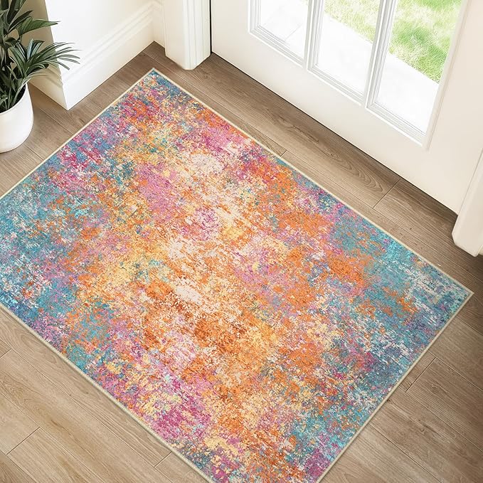 RELEANY Washable Area Rugs 2'x3' Non-Slip Modern Abstract Soft for Living Room Entryway Bedroom Nursery, Print Pattern, Orange Blue Pink Yellow Colorful