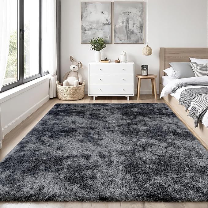 Area Rug for Living Room Bedroom:6x9 Black Grey Soft Fluffy Shag Upgrade Non-Slip High Pile Carpet Large Fuzzy Plush Indoor Floor Decor Shaggy Rug for Kid Boys Girls Playroom Nursery Modern Home