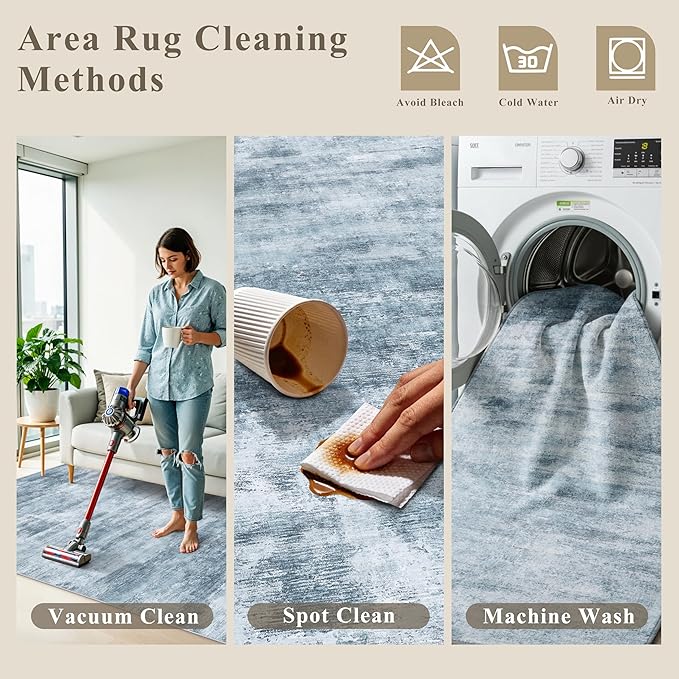 4x8 Washable Area Rug – Non-Slip Rubber Backed Indoor Rug for Entryway, Kitchen, Hallway | Modern Abstract Neutral Low Pile Thin Floor Mat for Bedroom, Living Room, Office (Blue Grey)