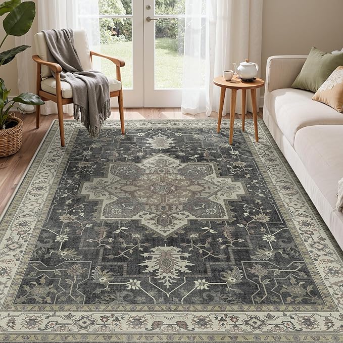GENIMO 5x7 Area Rugs for Living Room, Machine Washable Rug, Non Slip Indoor Vintage Rug, Low Pile Lightweight Chenille Print Carpet for Bedroom Dining Room Home Office, Muted Charcoal Beige