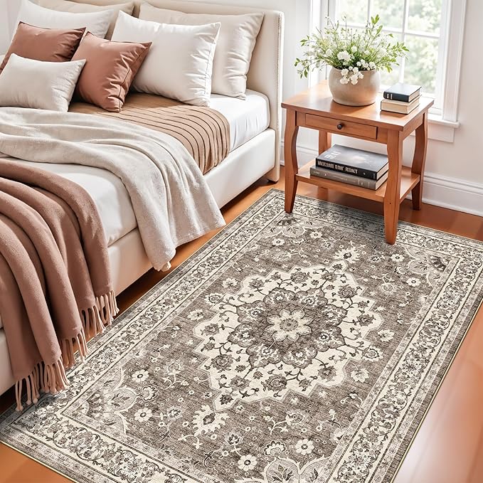 4x5 Area Rugs for Living Room: Perfect for Bedroom Kitchen Kids Room Nursery - Stain & Water Resistant Non-Slip Pet & Child Friendly Vintage Carpet (Beige, 4x5)