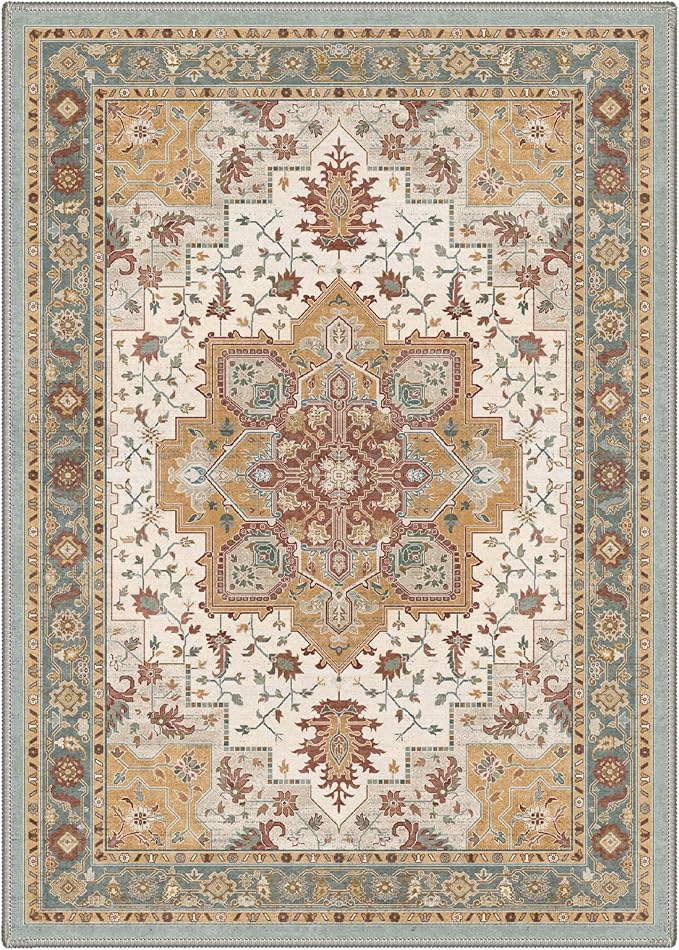 GENIMO 5x7 Area Rugs for Living Room, Machine Washable Rug, Non Slip Indoor Vintage Carpet, Low Pile Lightweight Chenille Print Carpet for Bedroom Dining Room Home Office, Warm Taupe Medallion