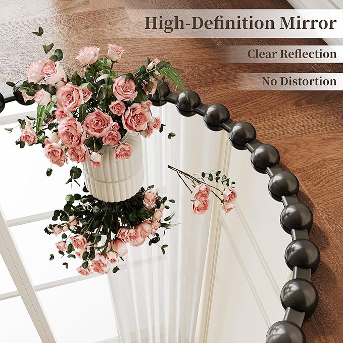 Round Vanity Mirror with Beaded Frame, 36 Inch Circle Wall Mirror for Bedroom Dresser, Entryway, Bathroom, Living Room, Decorative Hanging Wall Mirror, Black